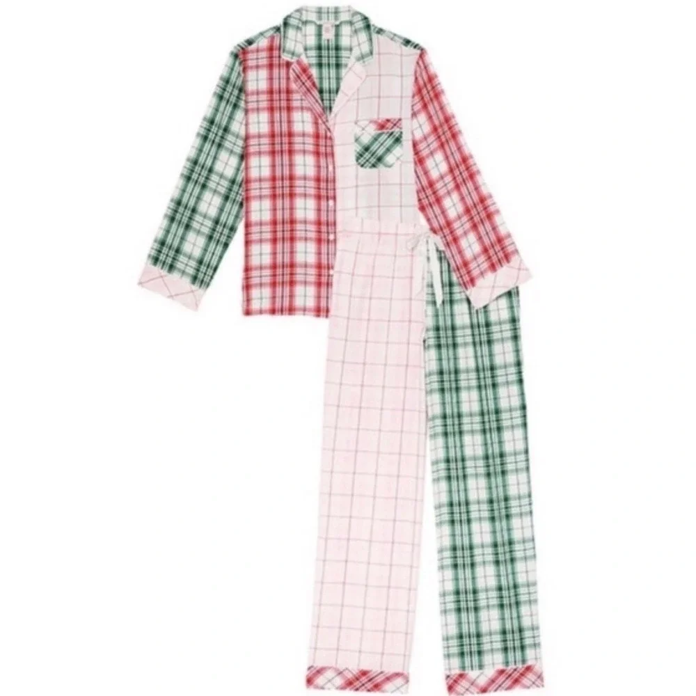 Victoria's Secret Mixed Plaid Pajama Set Red Green Pink Cotton Modal Small